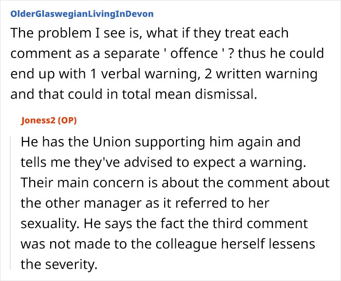 Forum discussion about husband facing discipline again for inappropriate work comments involving union support and warnings.