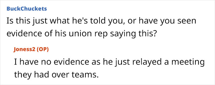 Screenshot of an online discussion where a user questions the accuracy of union rep comments about workplace discipline.