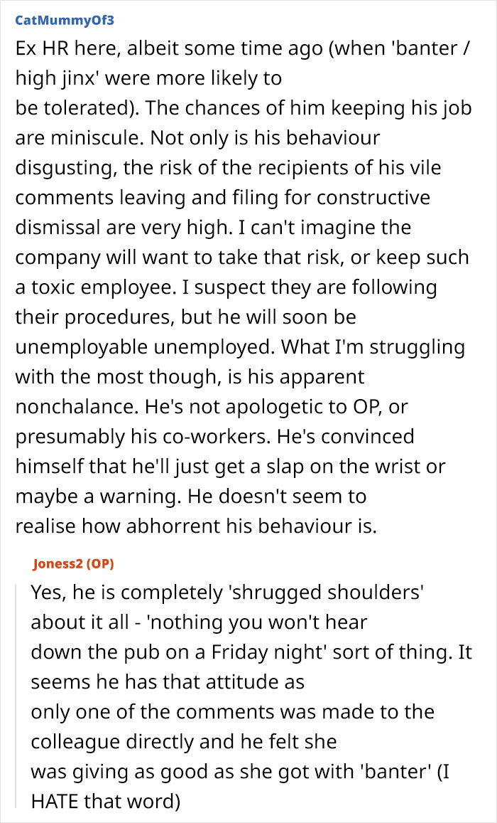 Forum post discussing husband facing discipline again for inappropriate work comments and his nonchalant attitude.