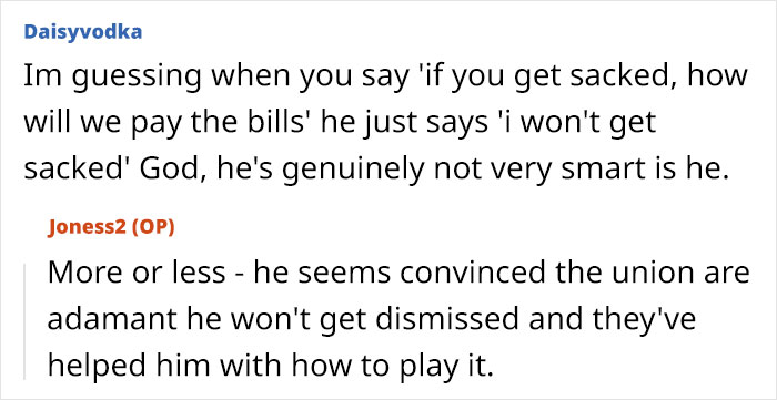 Screenshot of an online discussion about a husband facing discipline again for inappropriate work comments.