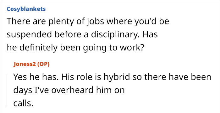 Online forum discussion about husband facing discipline again for inappropriate work comments in a hybrid job setting.