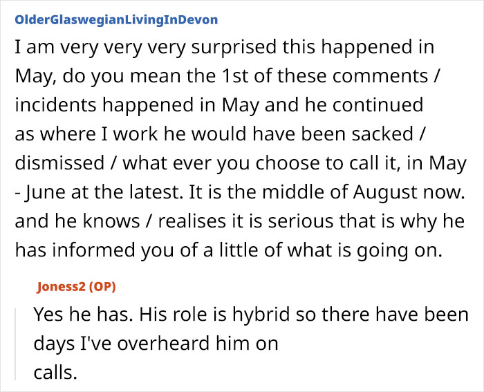 Online forum discussion about husband facing discipline again for inappropriate work comments at his hybrid job.