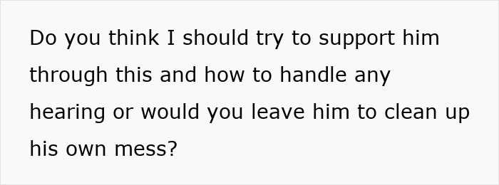 Text asking whether to support a husband facing discipline again for inappropriate work comments or let him handle it alone.