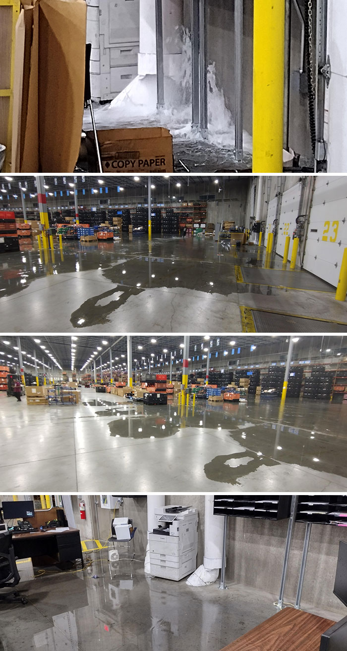 Warehouse flooding from burst pipe showing nature causing damage on its own terms indoors.
