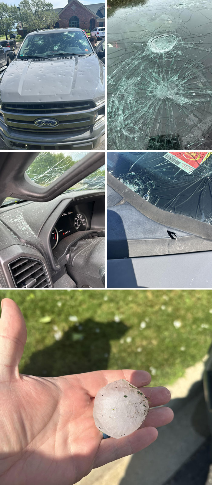 Multiple images showing severe hail damage on a Ford truck’s windshield, interior, and a large hailstone in hand.