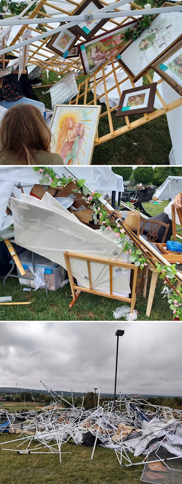 Damaged market tents and scattered artwork showing Mother Nature doing things on its own terms after a storm.