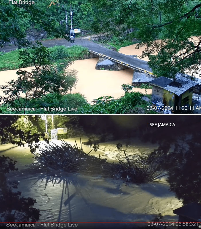 Flooded river with a bridge and debris, showcasing wild mother nature doing things on its own terms.