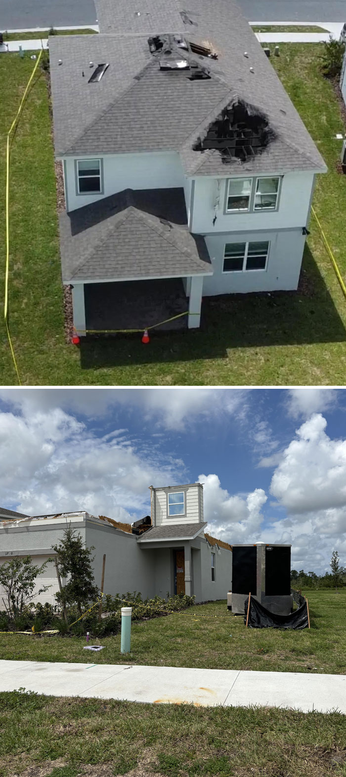Damaged houses with destroyed roofs and walls showing wild Mother Nature's impact on homes in stormy conditions.