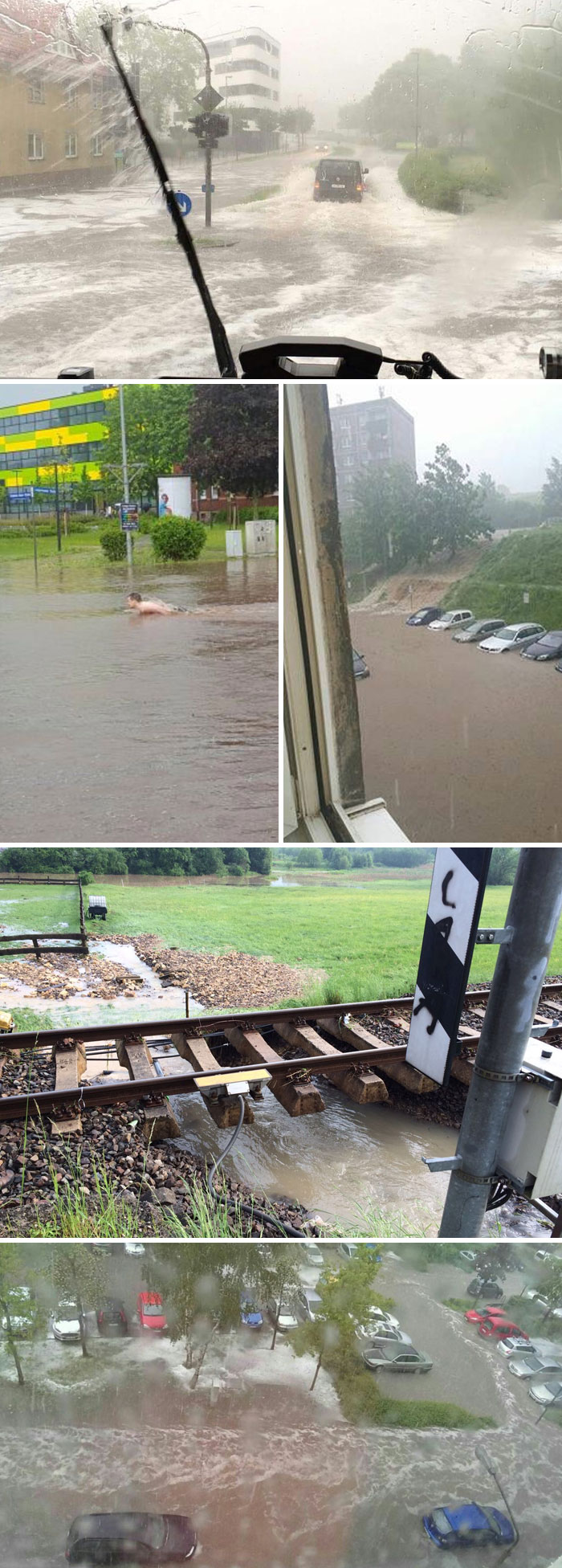 Flooded urban streets, submerged cars, damaged railway tracks, and wild Mother Nature showing its power with heavy rain and water damage.