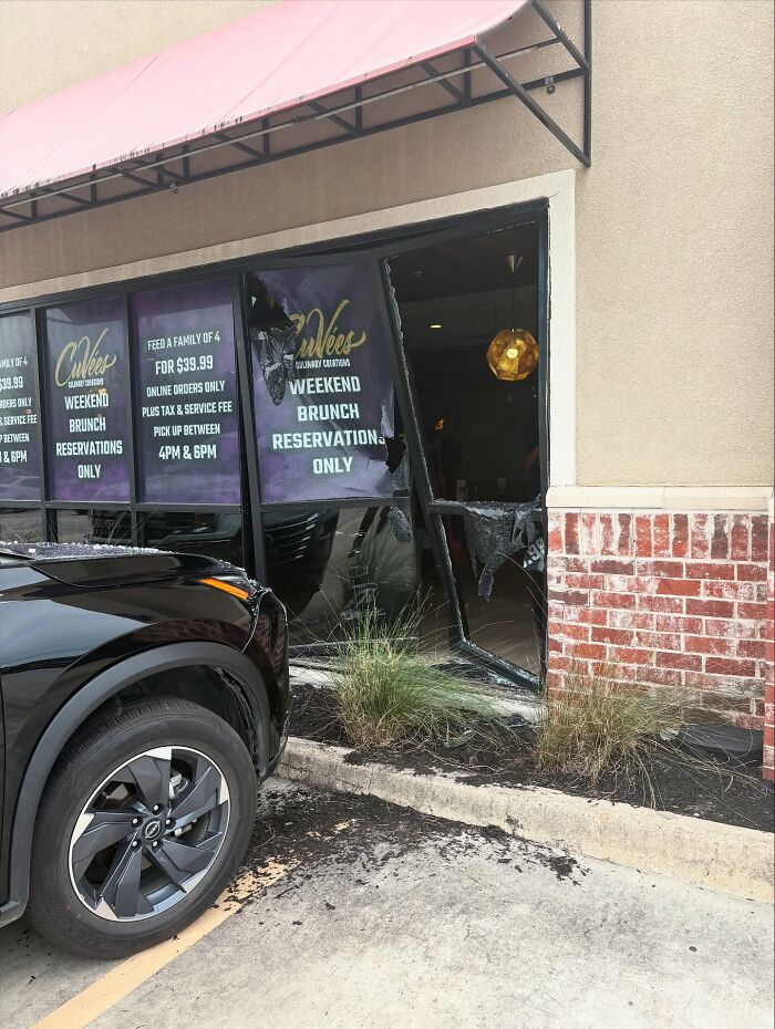 Black SUV crashed through glass window of restaurant where couple was eating, showing terrifying footage of the incident.