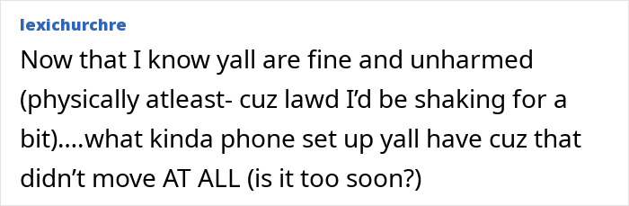 Text comment about phone setup following terrifying footage of SUV crashing into couple eating inside a restaurant.