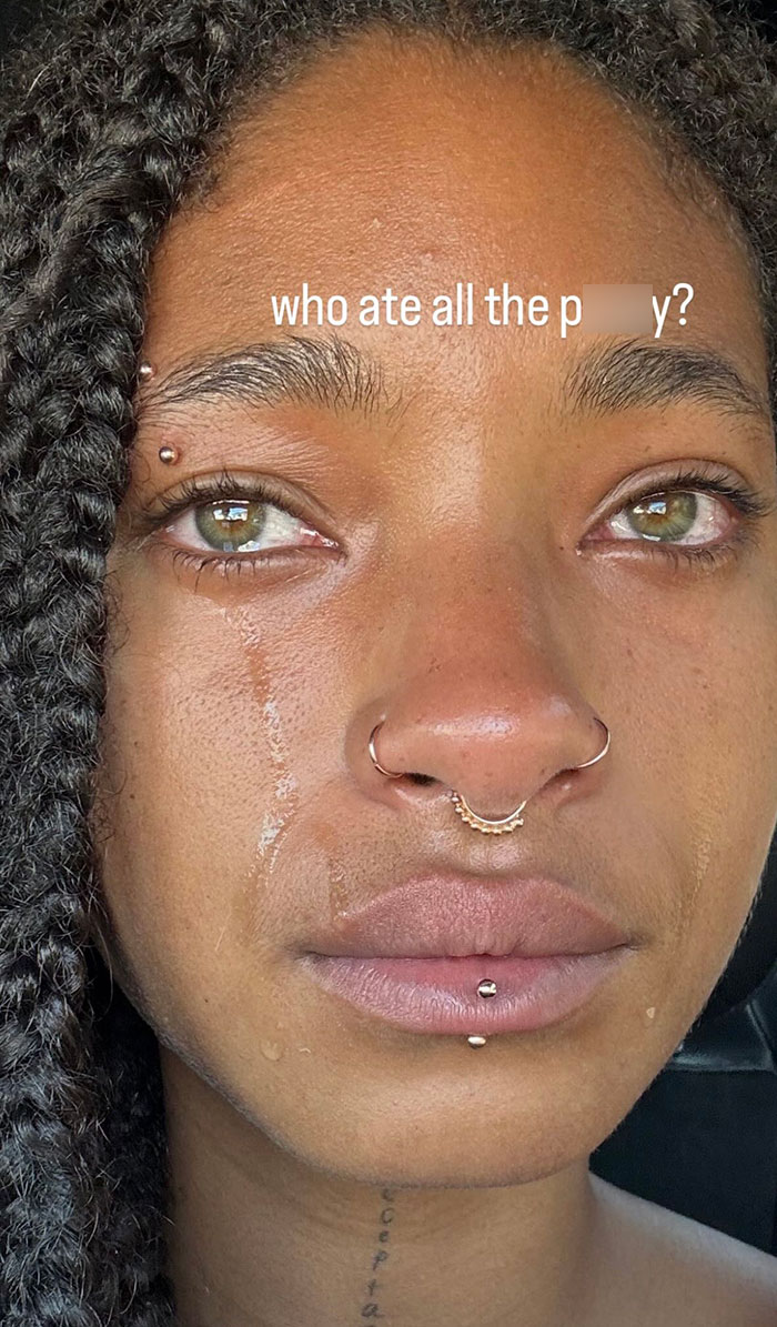 Will Smith's and Jada Pinkett's daughter with tears and a crying selfie showing a message causing worries.