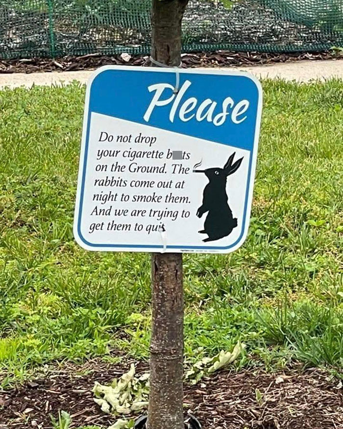 Funny warning sign with a smoking rabbit illustration showing witty humor about cigarette butts on the ground.