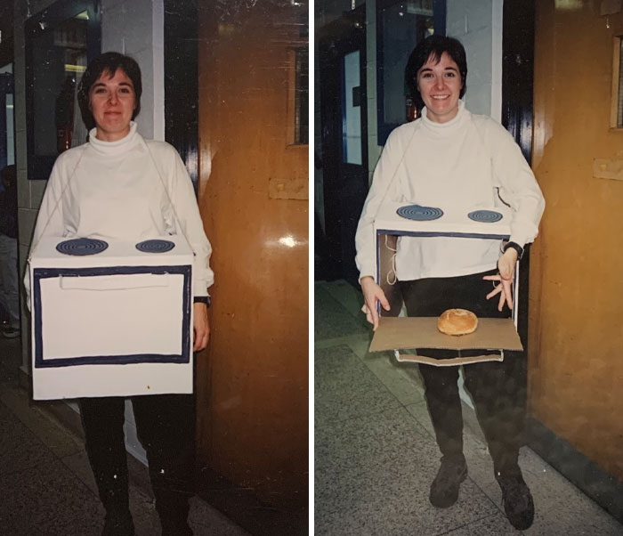Woman wearing a witty homemade oven costume with a roll inside, showcasing clever humor and creativity.