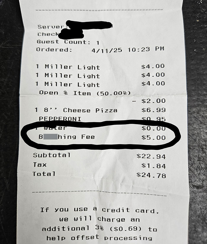 Receipt showing a witty billing fee charge highlighted, illustrating people being too witty for their own good.