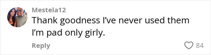 Comment from Mestela12 discussing personal tampon use with a partner in social media thread about tampon story.