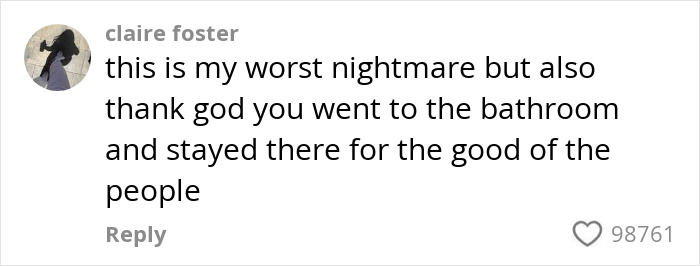 Comment expressing relief about woman&rsquo;s extreme diarrhea on plane causing emergency landing and flight cancellation.