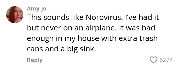 Comment from Amy Jo discussing norovirus symptoms and experience related to extreme diarrhea on a plane incident.