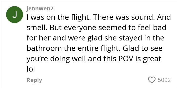 Social media comment describing a woman&rsquo;s extreme diarrhea on plane causing emergency landing and flight cancellation.