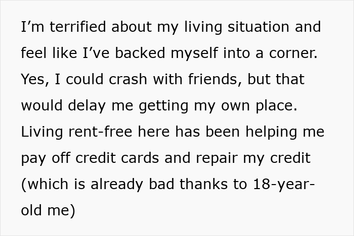 Text excerpt expressing fear about living situation and reliance on rent-free housing to manage credit card debt and repair credit.
