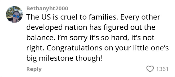 Social media comment highlighting the brutal truth about being a working mom in the U.S. and family challenges. Social media comment highlighting the brutal truth about being a working mom in the U.S. and family challenges.