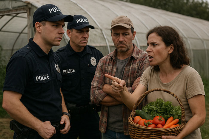 Woman caught stealing vegetables from owner argues with police outside a greenhouse, holding a basket of fresh produce.