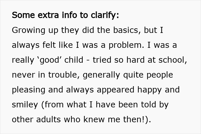 Text excerpt about a daughter feeling like a problem despite being a good child, related to parents’ lack of interest. Text excerpt about a daughter feeling like a problem despite being a good child, related to parents’ lack of interest.