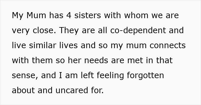 Text describing feelings of being forgotten and uncared for when parents lose interest after a daughter moves out, highlighting needy parents. Text describing feelings of being forgotten and uncared for when parents lose interest after a daughter moves out, highlighting needy parents.