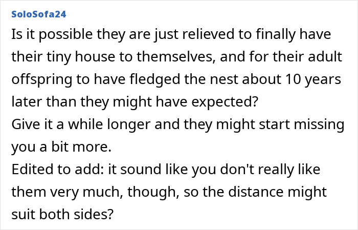ALT text: Online comment discussing parents losing interest and emotional impact when daughter moves out of the family home. ALT text: Online comment discussing parents losing interest and emotional impact when daughter moves out of the family home.
