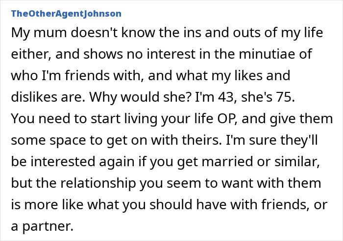User comment discussing parents losing interest after daughter moves out, highlighting needy behavior and broken relationship feelings. User comment discussing parents losing interest after daughter moves out, highlighting needy behavior and broken relationship feelings.