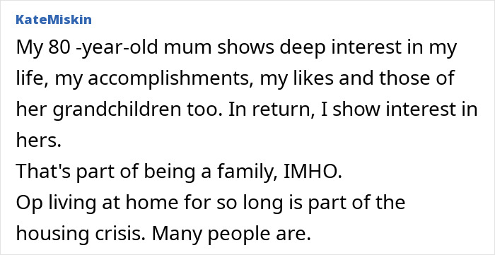 User comment about a mother showing deep interest in family life after daughter moves out, highlighting family dynamics and neediness. User comment about a mother showing deep interest in family life after daughter moves out, highlighting family dynamics and neediness.