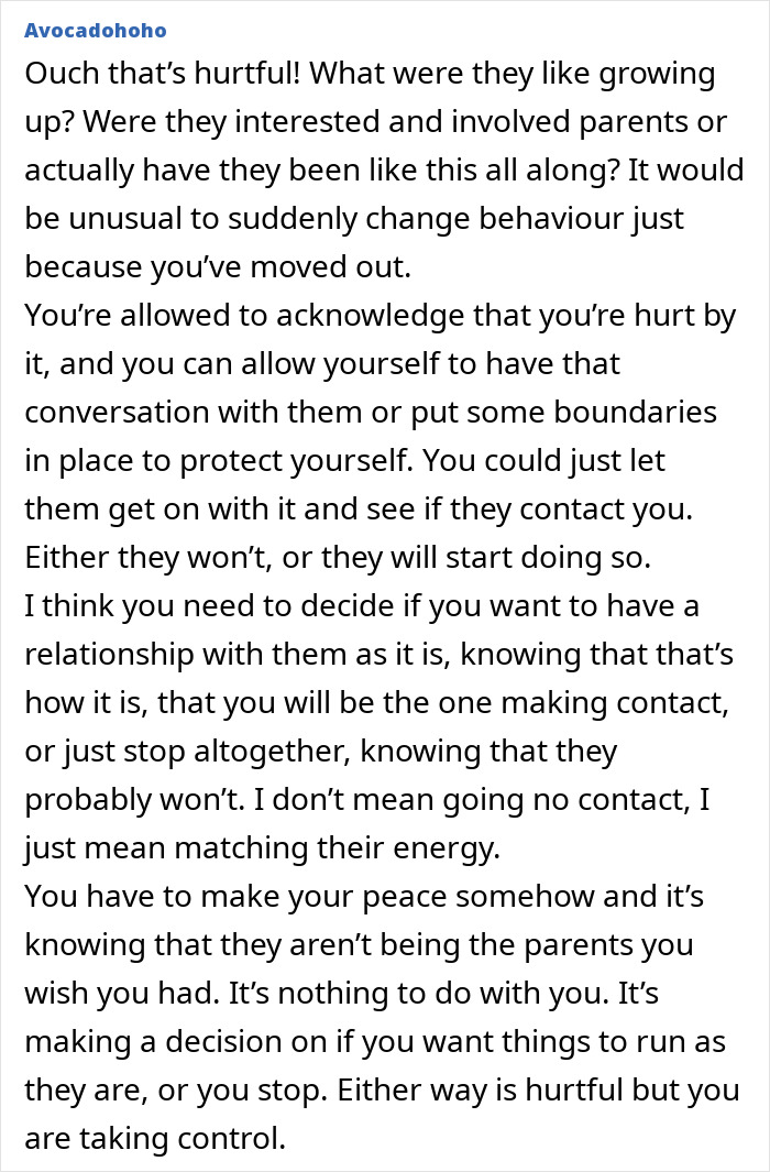 Comment discussing parents losing interest and breaking daughter’s heart after she moves out, highlighting needy behavior. Comment discussing parents losing interest and breaking daughter’s heart after she moves out, highlighting needy behavior.