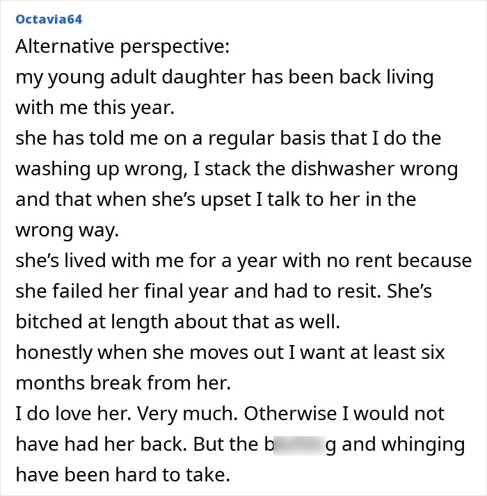 Text post about a daughter moving out and parents losing interest, highlighting needy behavior frustration. Text post about a daughter moving out and parents losing interest, highlighting needy behavior frustration.