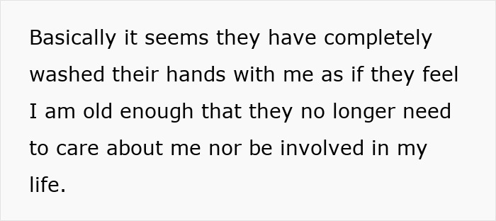 Text on a white background discussing feeling neglected by parents who lost interest after their daughter moved out. Text on a white background discussing feeling neglected by parents who lost interest after their daughter moved out.