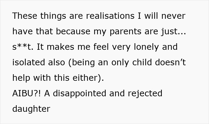 Text post expressing feelings of loneliness and rejection from parents losing interest after daughter moves out. Text post expressing feelings of loneliness and rejection from parents losing interest after daughter moves out.