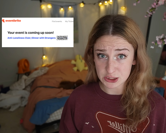 Young woman in a bedroom expressing concern after joining an anti-loneliness club event to make new friends.
