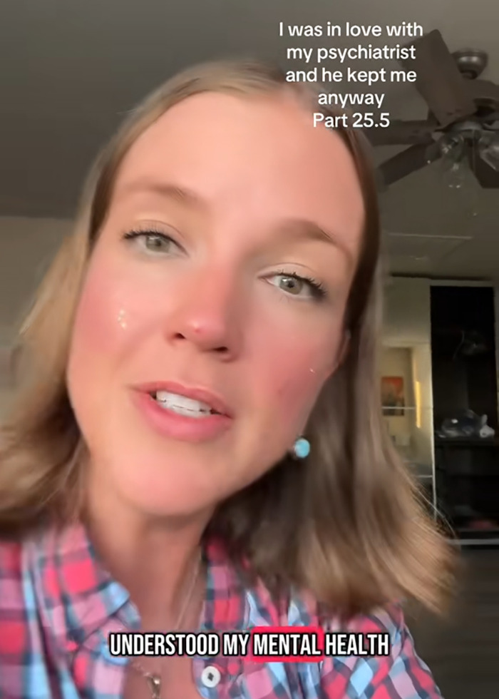 Woman shares emotional story about falling in love with therapist and mental health struggles in a video message.