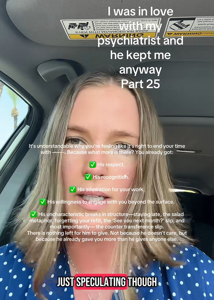 Woman sharing her story about falling in love with therapist and breaking silence after blasting him online in a car.