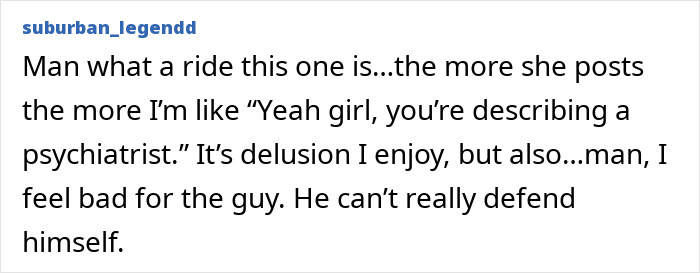 Screenshot of online comment discussing a woman&rsquo;s posts about falling in love with her therapist and concerns for him.