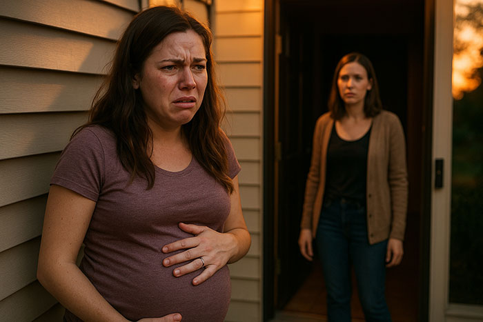 Pregnant young woman holding her belly with a distressed expression while another woman stands in the background outside a house.