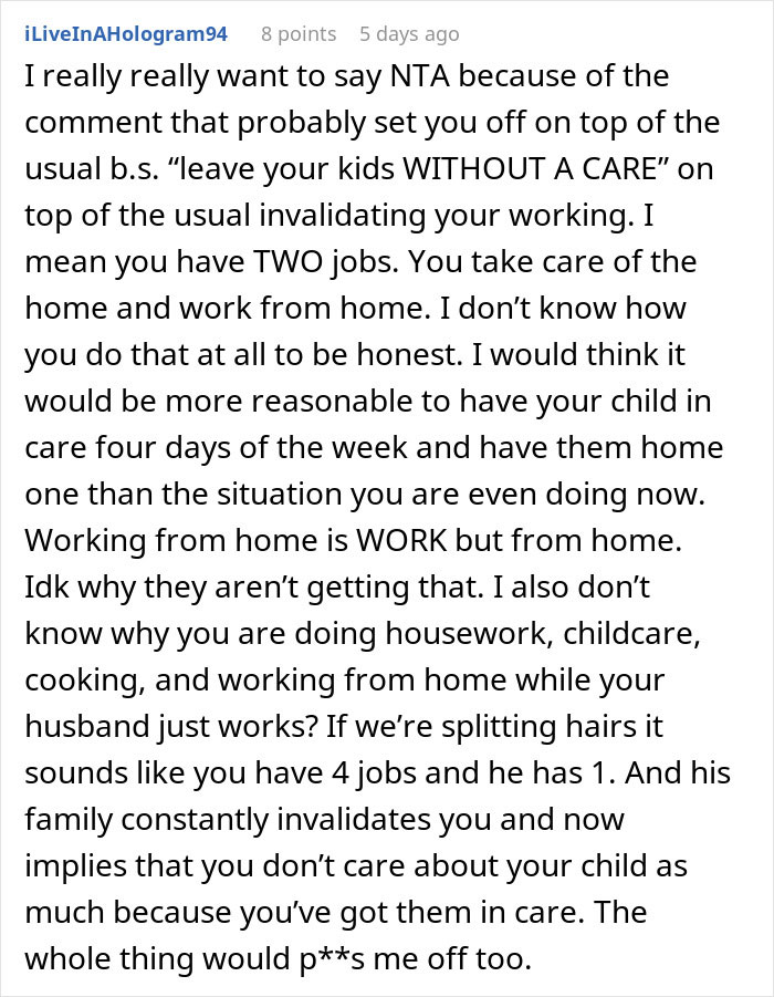 Comment from a working mom about challenges of balancing work, childcare, and in-laws misunderstanding daycare arrangements. - 20