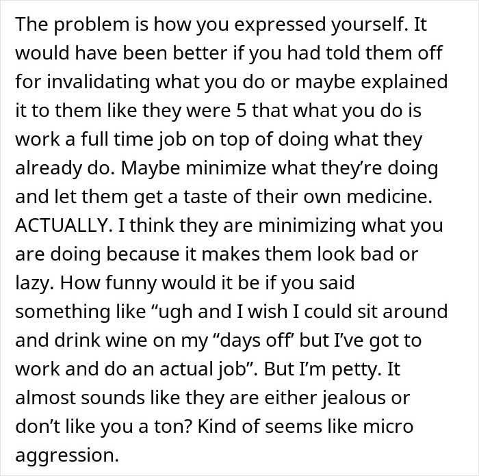 Text message discussing work challenges faced by a working mom responding to in-laws minimizing her job and daycare efforts. - 21