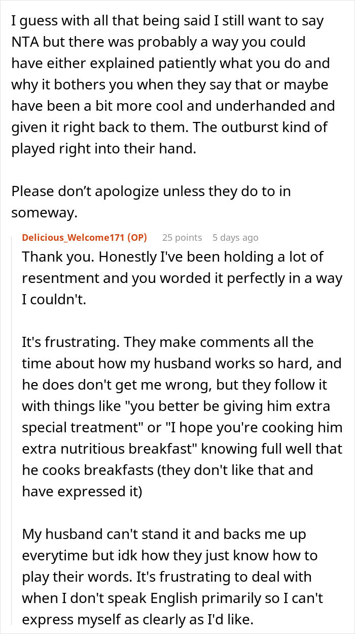 Screenshot of a Reddit conversation where a working mom discusses frustration with in-laws about daycare and family expectations. - 22