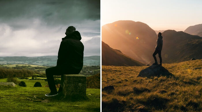 Person sitting on a stone bench in cloudy weather versus person standing on a rock in sunset, would you rather poll 3.