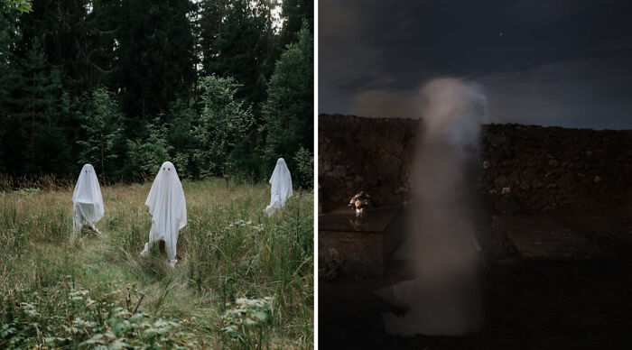 Ghost figures in a forest and a blurry ghostly figure at night, representing a spooky would you rather poll scene.