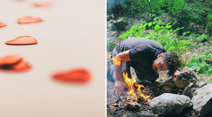 Close-up of scattered red hearts on a surface next to a person building a campfire outdoors for Would You Rather poll.