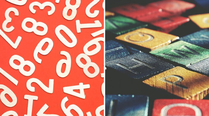 Scattered white numbers on red background beside colorful letter tiles in a close-up view for would you rather poll 3.
