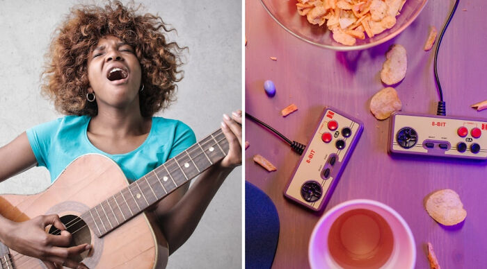 Left side: woman passionately playing acoustic guitar, right side: retro gaming controllers with snacks on table for a would you rather poll.