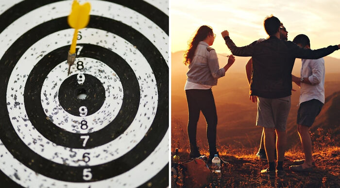 Dart hitting bullseye on target and group of friends enjoying outdoors at sunset in an engaging Would You Rather poll.