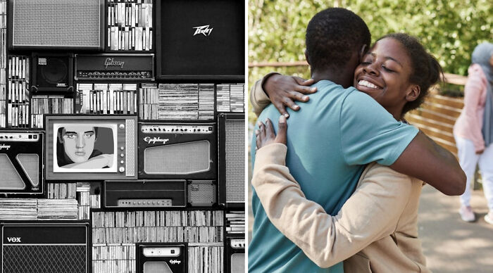 Would You Rather poll showing a black and white vintage music setup on left and two people hugging outdoors on right